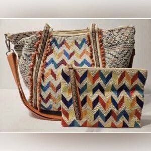 America & Beyond Beaded Embroidered Chevron Tote Bag